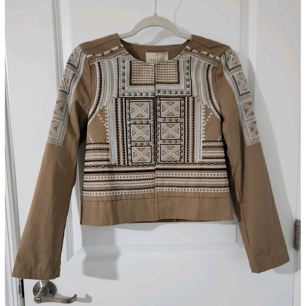 Anthropologie Moon River  Women's Beige Tan Embroidered Short Jacket Coat Size S - Picture 2 of 12